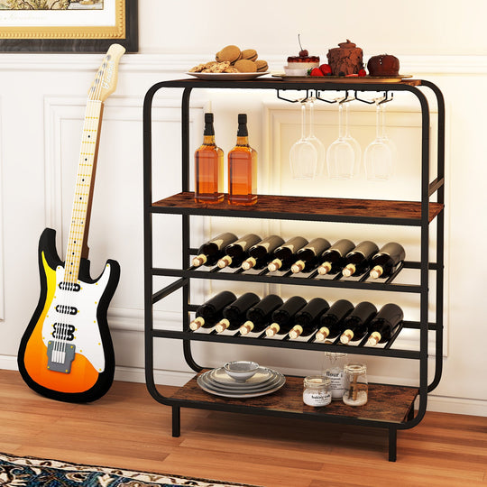 16 Bottle Wine Rack with 5-Tier Wine Shelf and Glass Holders for Kitchen Bar-Rustic Brown