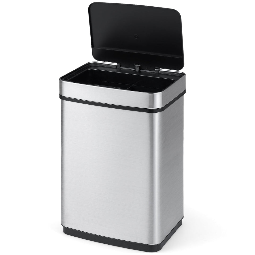 16 Gallon Trash Can Infrared Motion Sensor Garbage Can with Dual Compartments-Silver