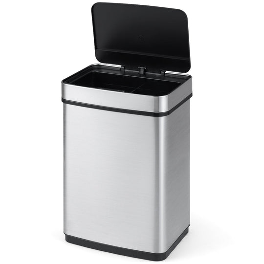 16 Gallon Trash Can Infrared Motion Sensor Garbage Can with Dual Compartments-Silver
