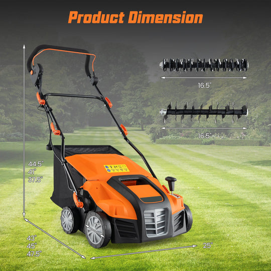 16-Inch Electric Lawn Dethatcher and Scarifier with Collection Bag