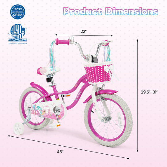 Kids Bike 18-Inch with Training Wheels and Basket Rose Red