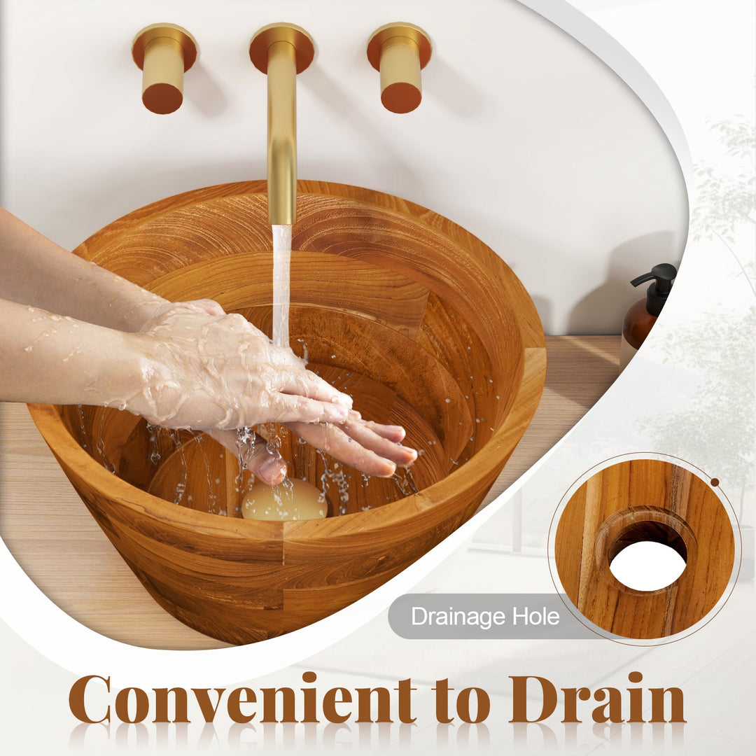 16 Inch Teak Wood Washbasin with Drainage Hole and Smooth Finish