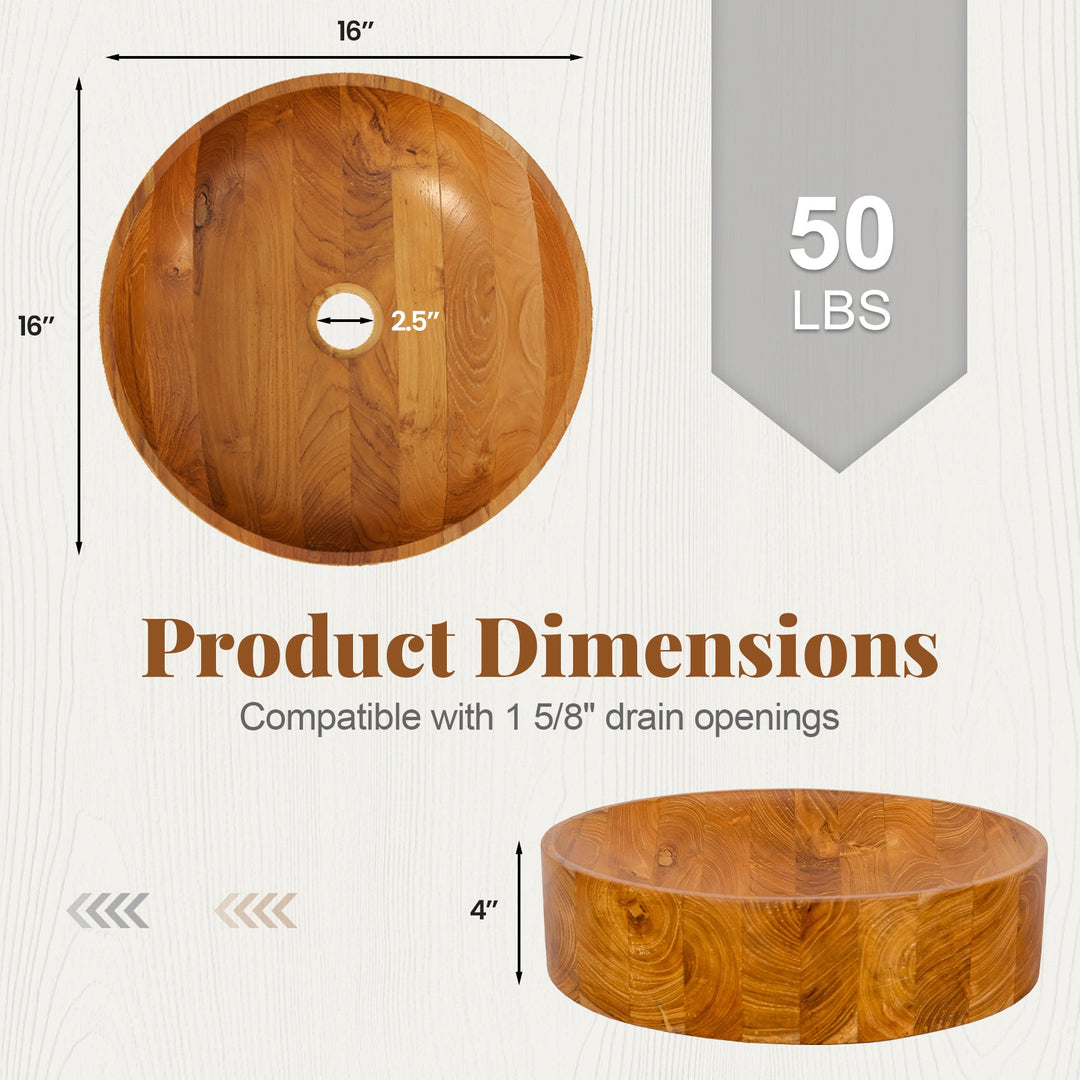 16 Inch Teak Wood Vessel Sink with Rounded Corners