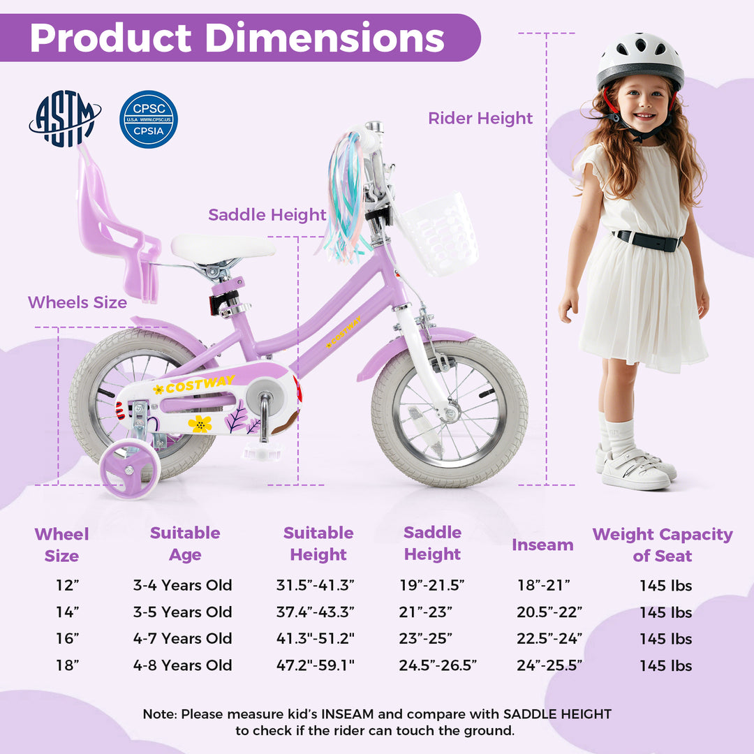 12 Inch Girls Bike Kids Bicycle with Doll Seat and Streamers for Children 3-4 Years Old