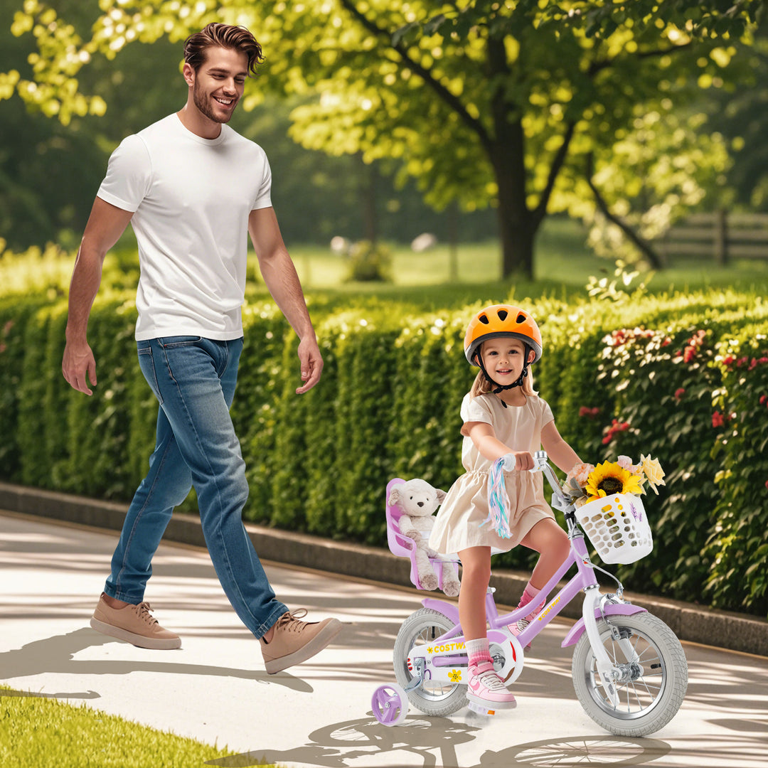 12 Inch Girls Bike Kids Bicycle with Doll Seat and Streamers for Children 3-4 Years Old