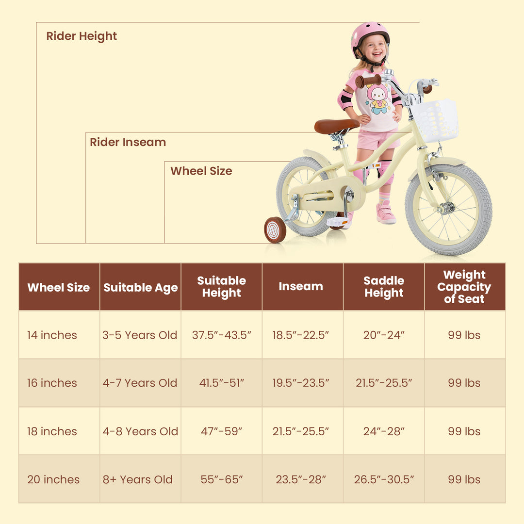 14/16/18 Inch Kids Bike Adjustable with Training Wheels Ages 3-8 Years Olds-16 inches