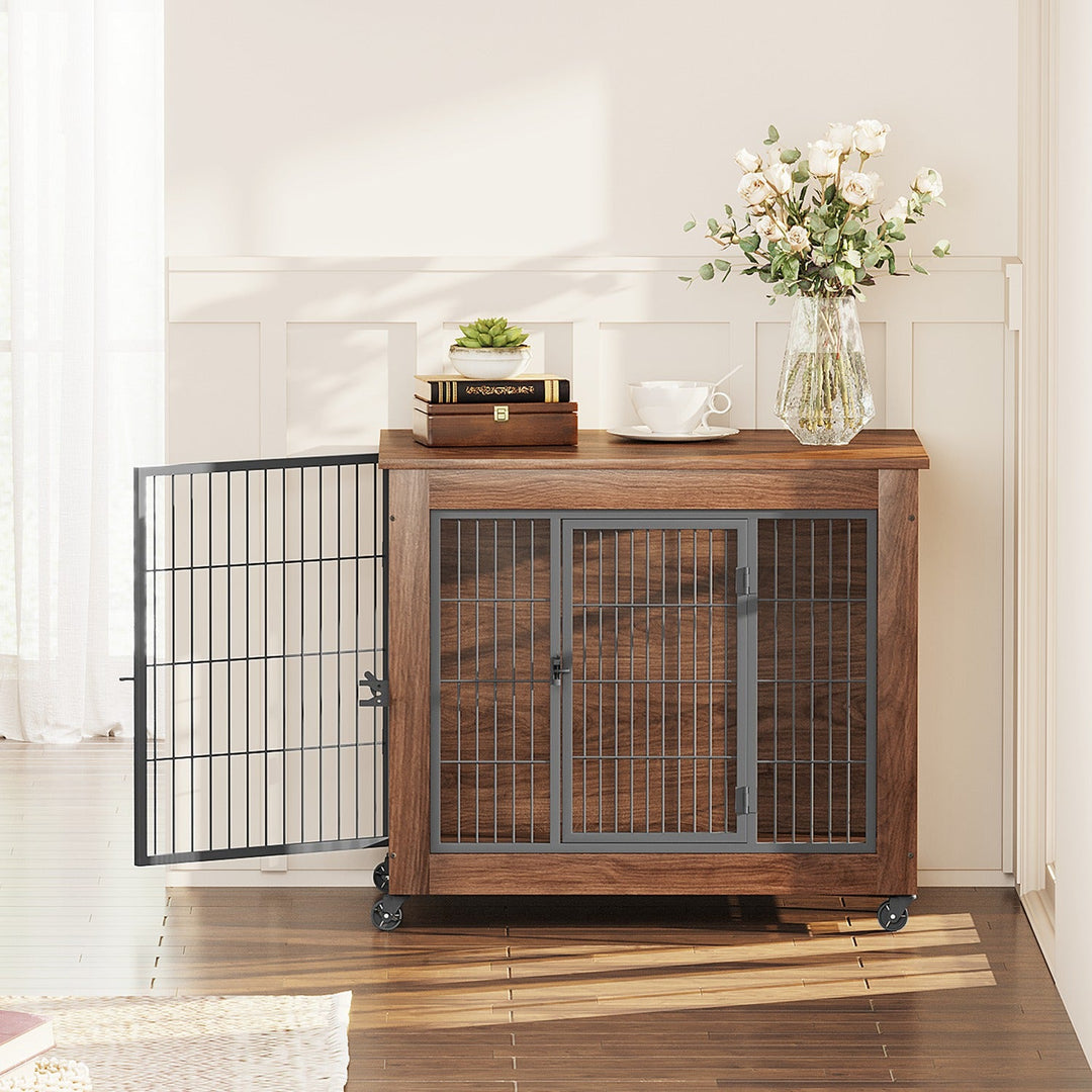 Dog Crate Furniture with Lockable Wheels & Dual Doors