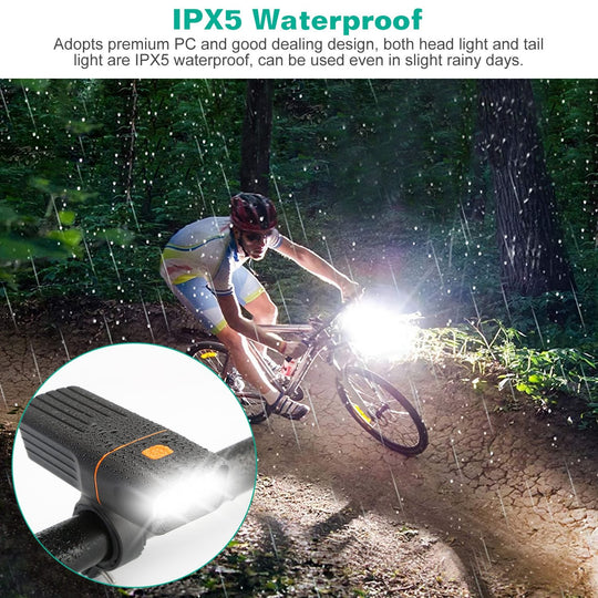 Super Bright Bike Light Set USB Rechargeable Headlight Taillight Set Waterproof LED Bicycle Front and Rear Lights for Night Riding Cycling