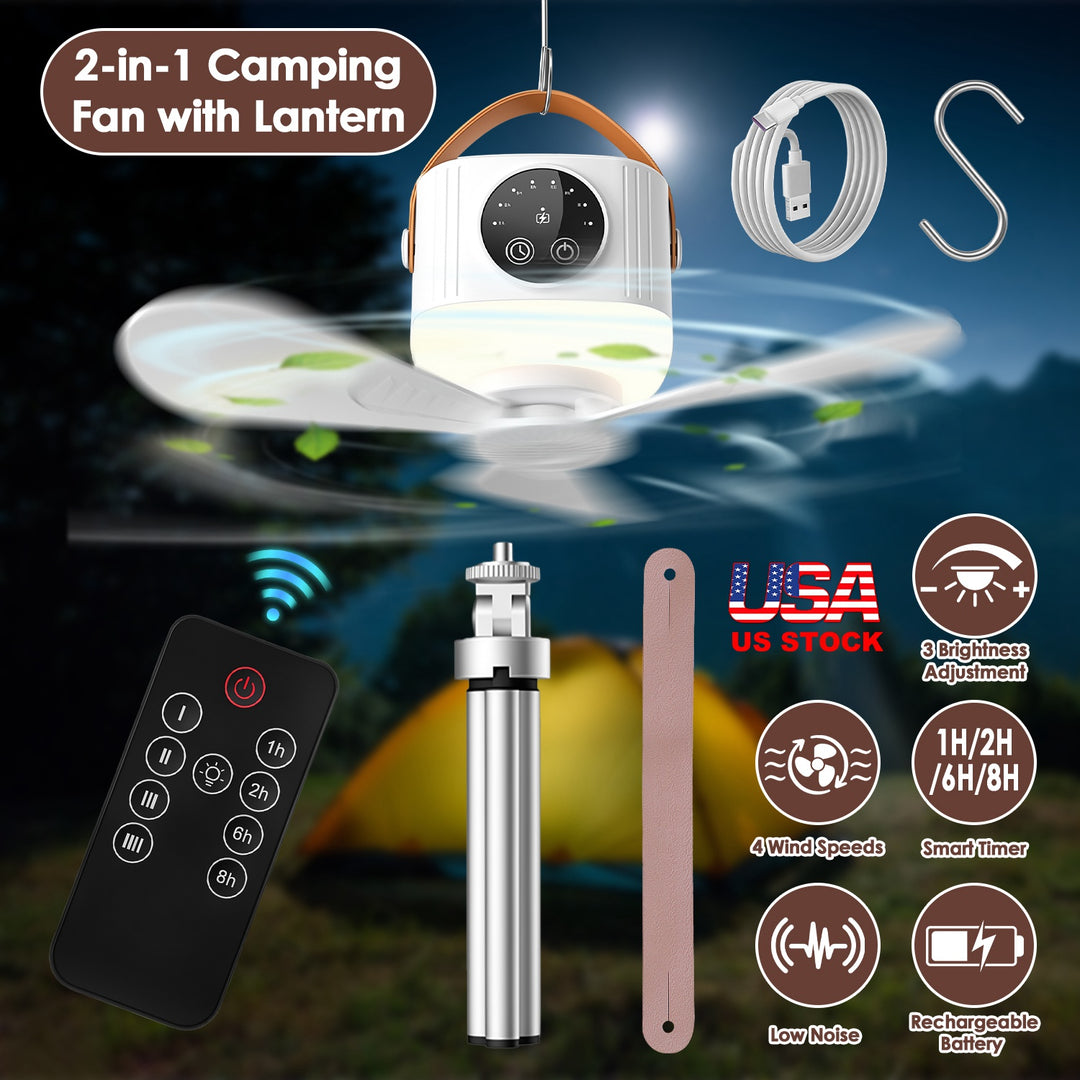 Rechargeable Tent Ceiling Fan with LED Light & Remote