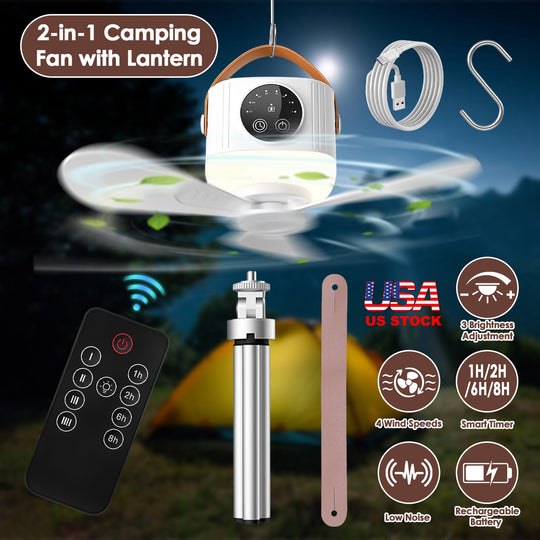 Rechargeable Tent Ceiling Fan with LED Light & Remote