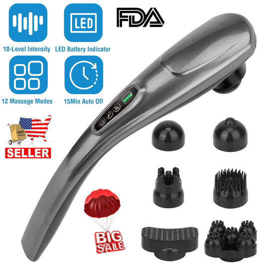 Cordless Handheld Back Massager Deep Tissue Rechargeable Electric Massager w/ 12 Modes 10 Intensity 6 Interchangeable Nodes For Muscle Foot Neck Shoul