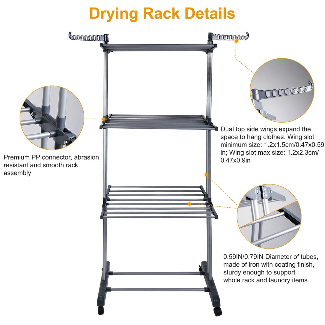 Clothes Drying Rack Rolling Collapsible Laundry Dryer Hanger Stand Rail Shelve_x000B__x000B_Wardrobe Clothing Drying Racks w/ Dual Side Wings