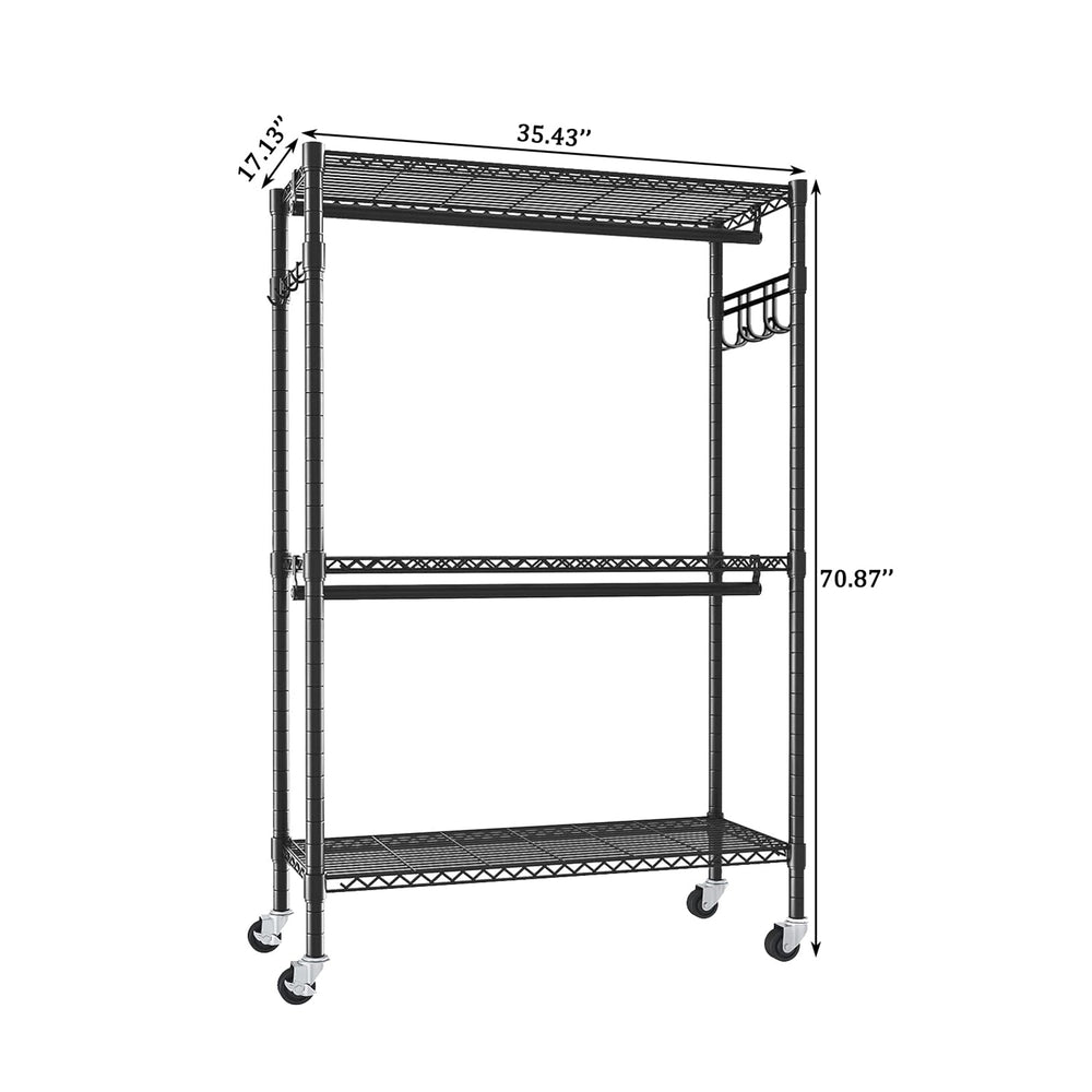Rolling Clothes Rack with 3 Shelves, 2 Rods & Wheels