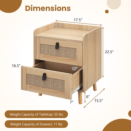 Modern End Table Bedside Table with 2 Rattan Decorated Drawers