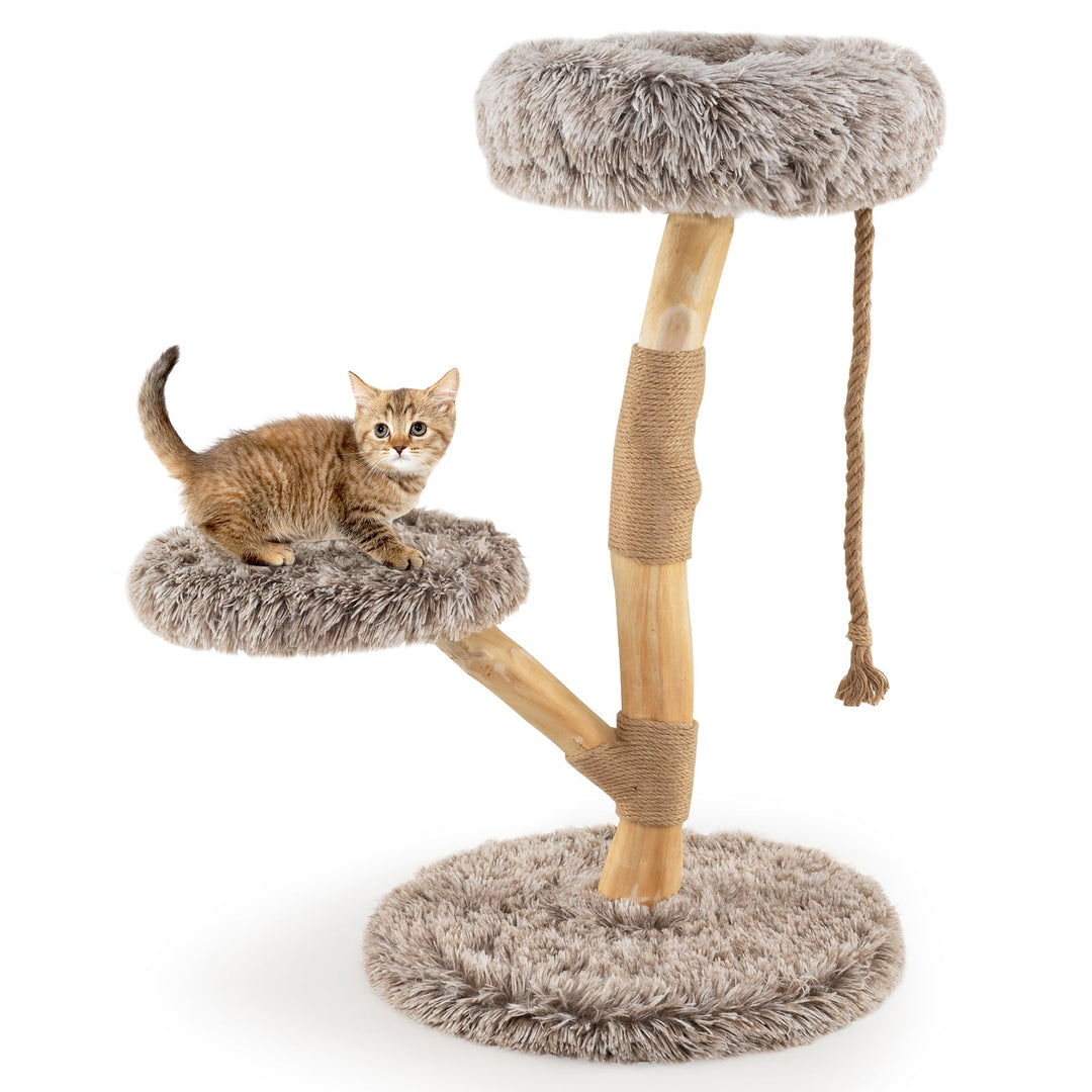 Modern Wooden Cat Tree Tower with Perch and Natural Jute Scratching Posts-Brown