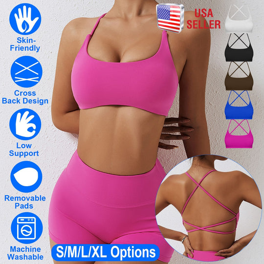 Women Cross Back Sport Bras Padded StrappyÊCrop Open Back Low Impact Bras SexyÊFitnessÊTank Tops with Removable Pads Thin Straps for Gym Yoga Workout
