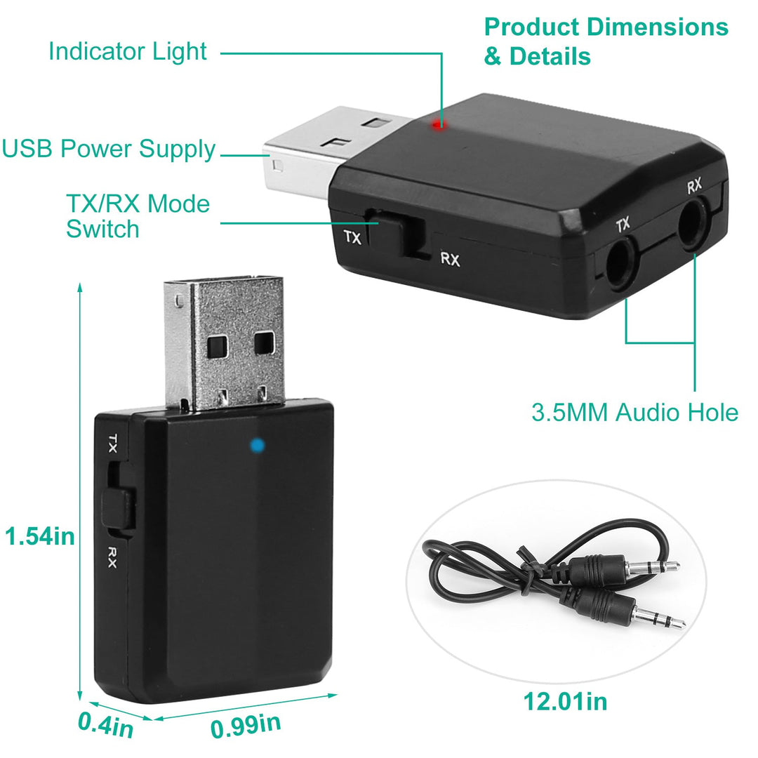 3 IN 1 Wireless V5.0 USB Audio Transmitter Receiver EDR Adapter Music Streaming For TV PC Headphones Car w/ 3.5mm Cable
