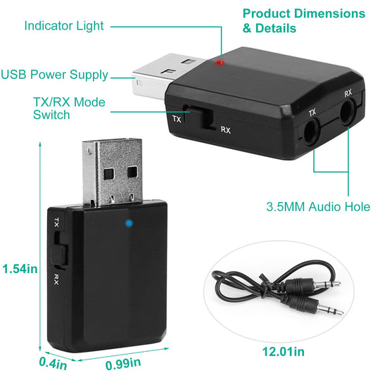 3 IN 1 Wireless V5.0 USB Audio Transmitter Receiver EDR Adapter Music Streaming For TV PC Headphones Car w/ 3.5mm Cable
