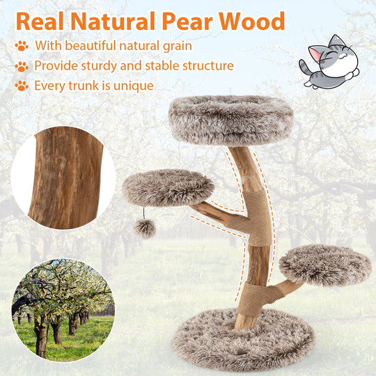 Cat Tree Solid Pear Wood with Perch and Natural Jute Scratching Posts-Brown