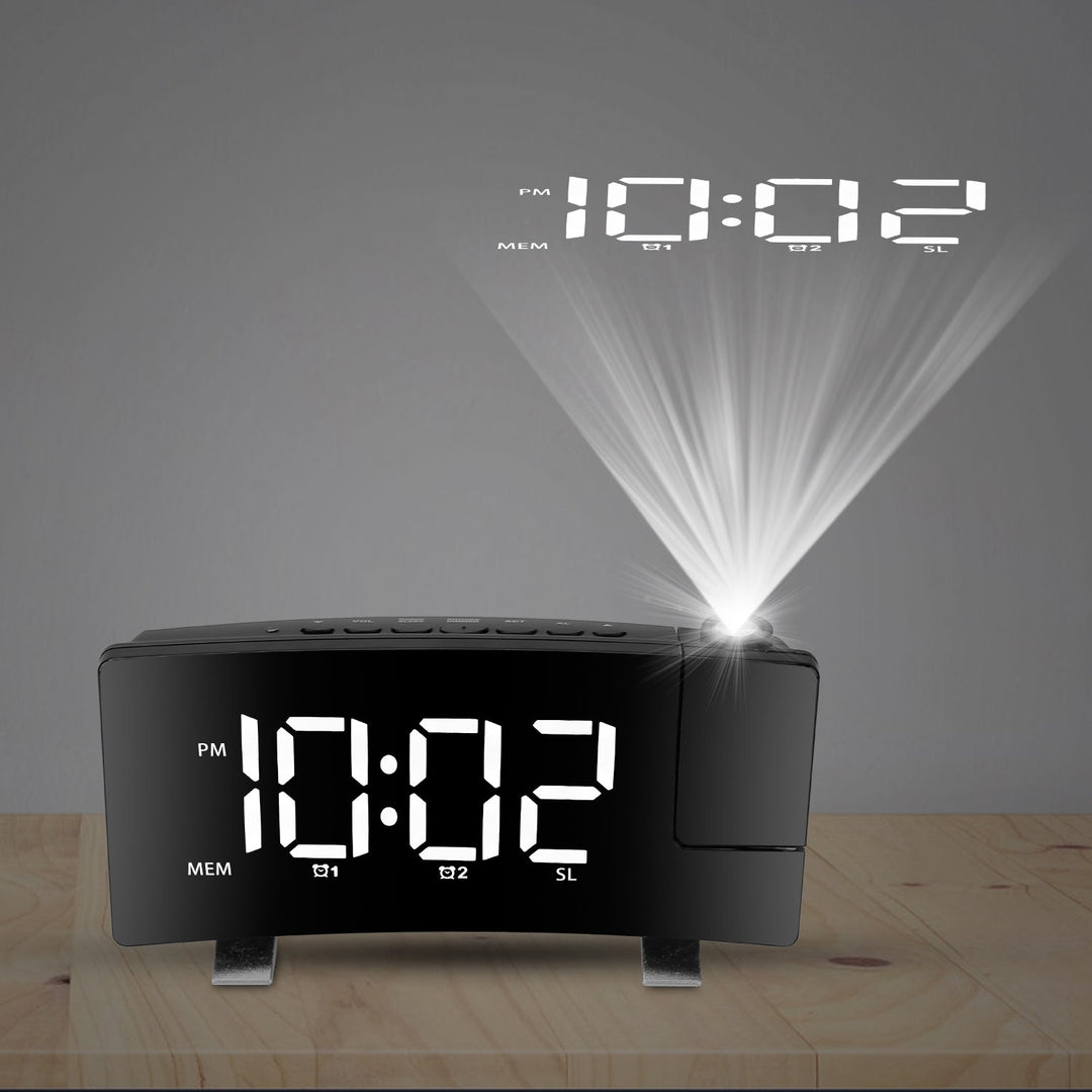 Projection Alarm Clock with Radio Function 7.7In Curved-Screen LED Digital Alarm Clock w/ Dual Alarms 4 Dimmer 12/24 Hour USB Charging Port 180¡ Rotat