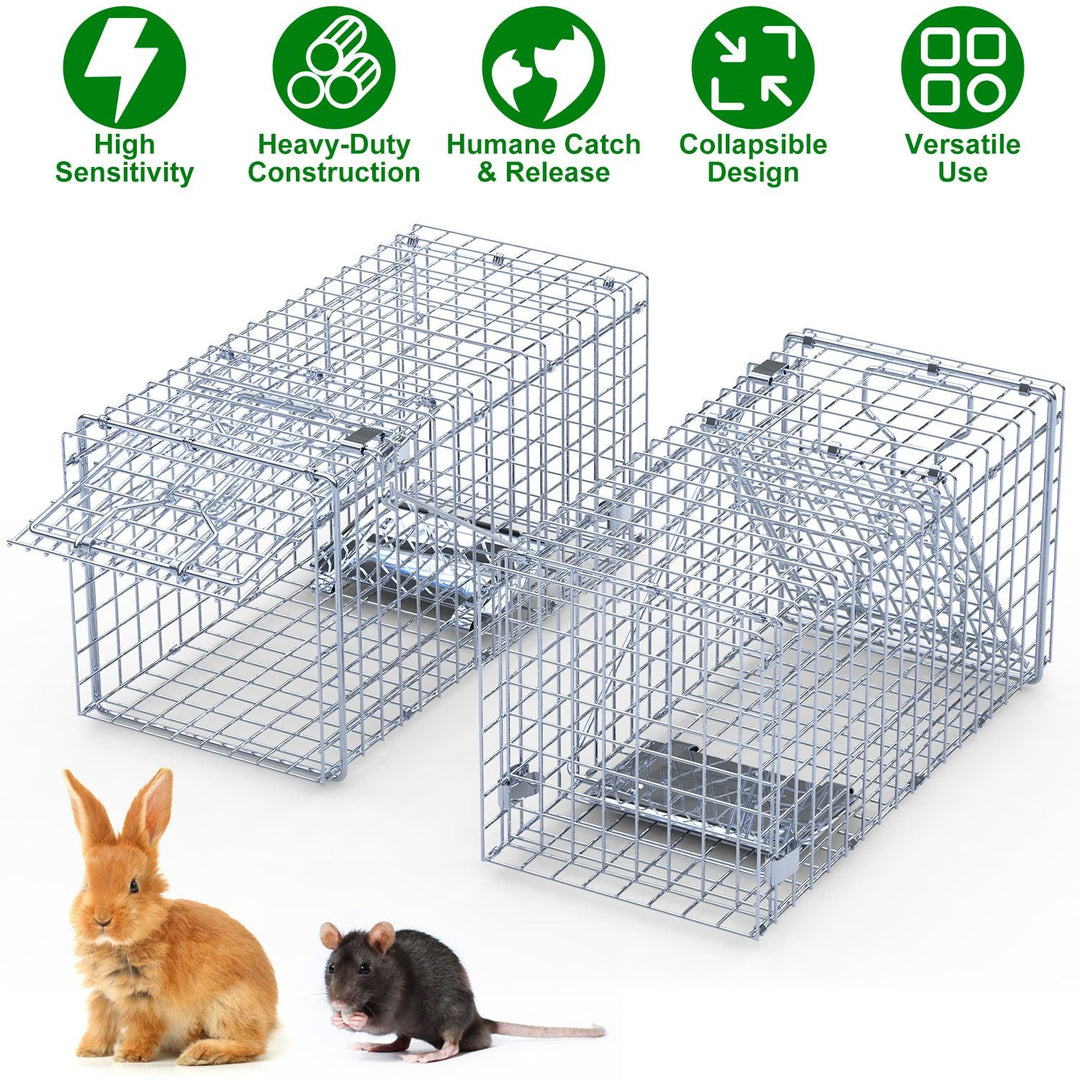 2Pcs 18x8x10In Humane Single Door Live Animal Trap Collapsible Galvanized Iron Animal Cage Catch And Release for Small Squirrel Raccoon Feral Cat Weas