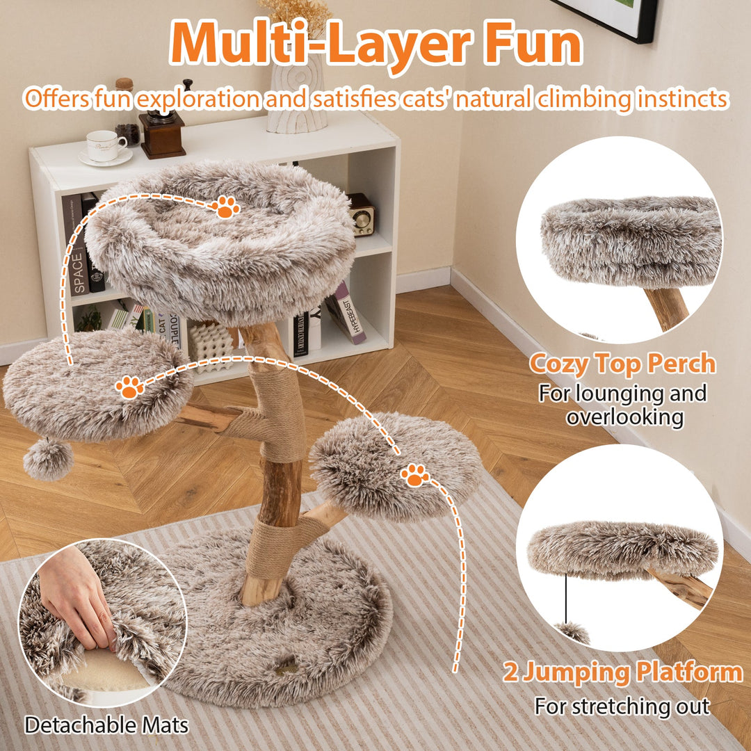 Cat Tree Solid Pear Wood with Perch and Natural Jute Scratching Posts-Brown