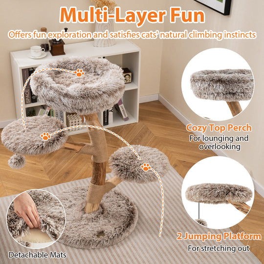 Cat Tree Solid Pear Wood with Perch and Natural Jute Scratching Posts-Brown
