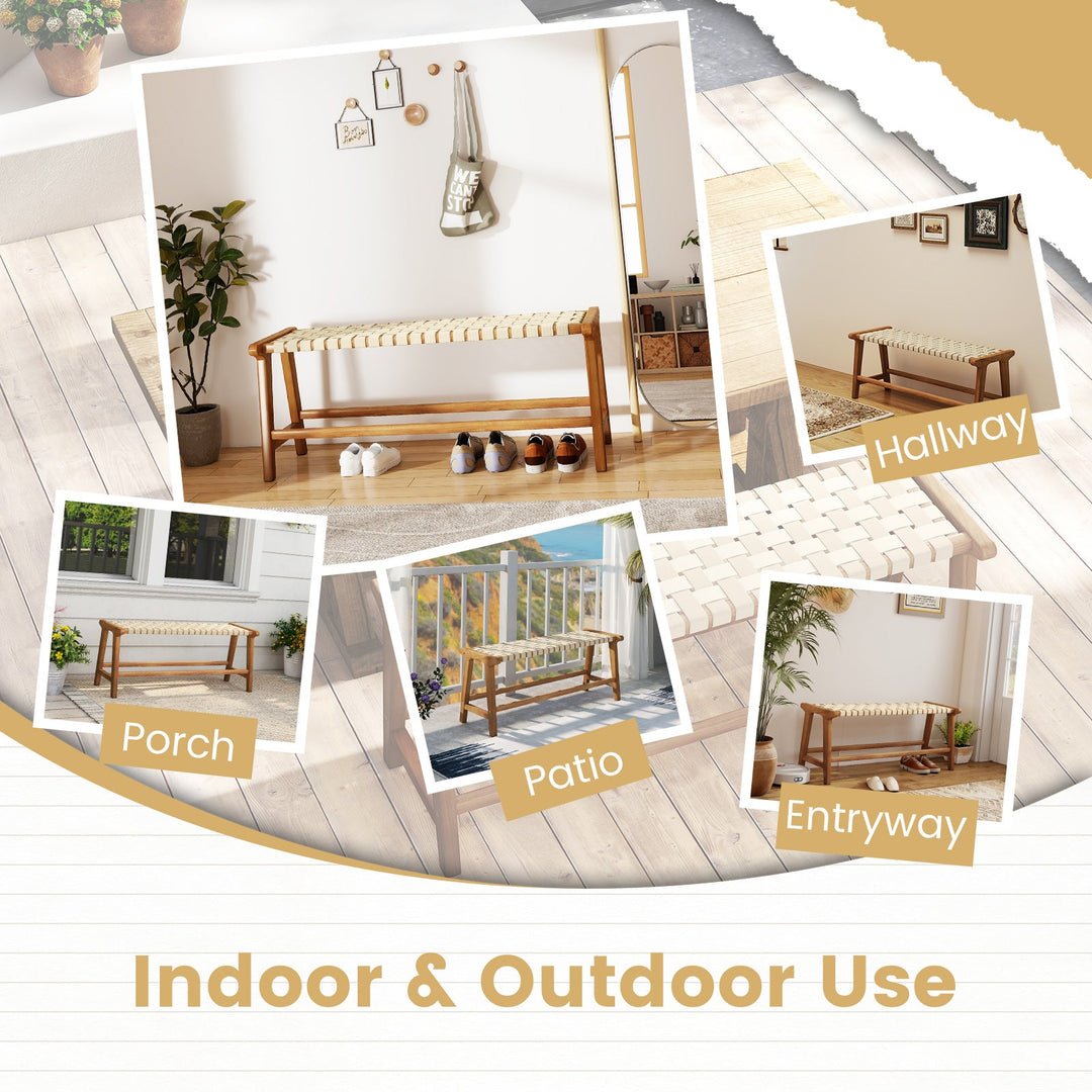 47 Inches Long Teak Wood Patio Bench with Weave Seat and Solid Wood Legs-Natural