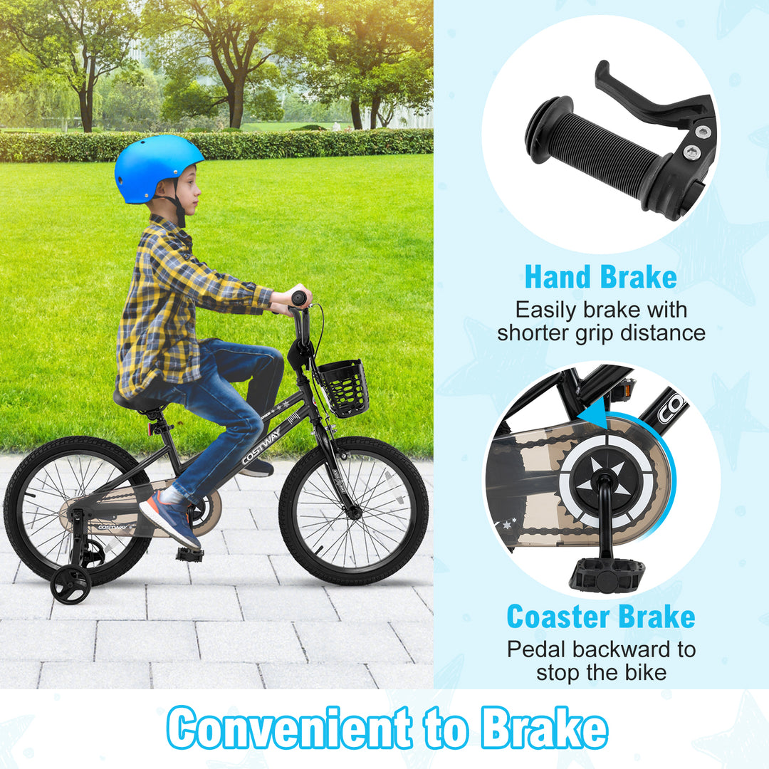 18 Inch Kids Bike with Basket and Training Wheels for Children Aged 4-8 Years Old