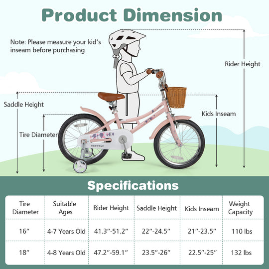 18 Inch Kids Bike Retro Bicycle with Adjustable Height and Basket for Ages 4-8 Years Old-18 inches