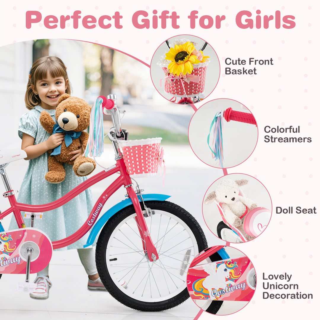 18 Inch Girls Bike for 3-5 Years Old Kids Bike with Doll Seat and Training Wheels