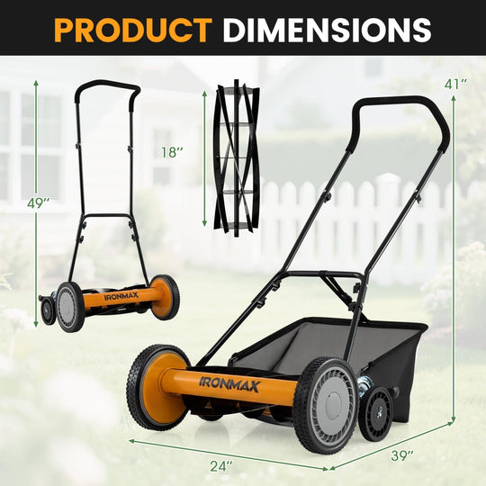18 Inch Push Reel Lawn Mower 4-Position Adjustable with Removable Grass Catcher