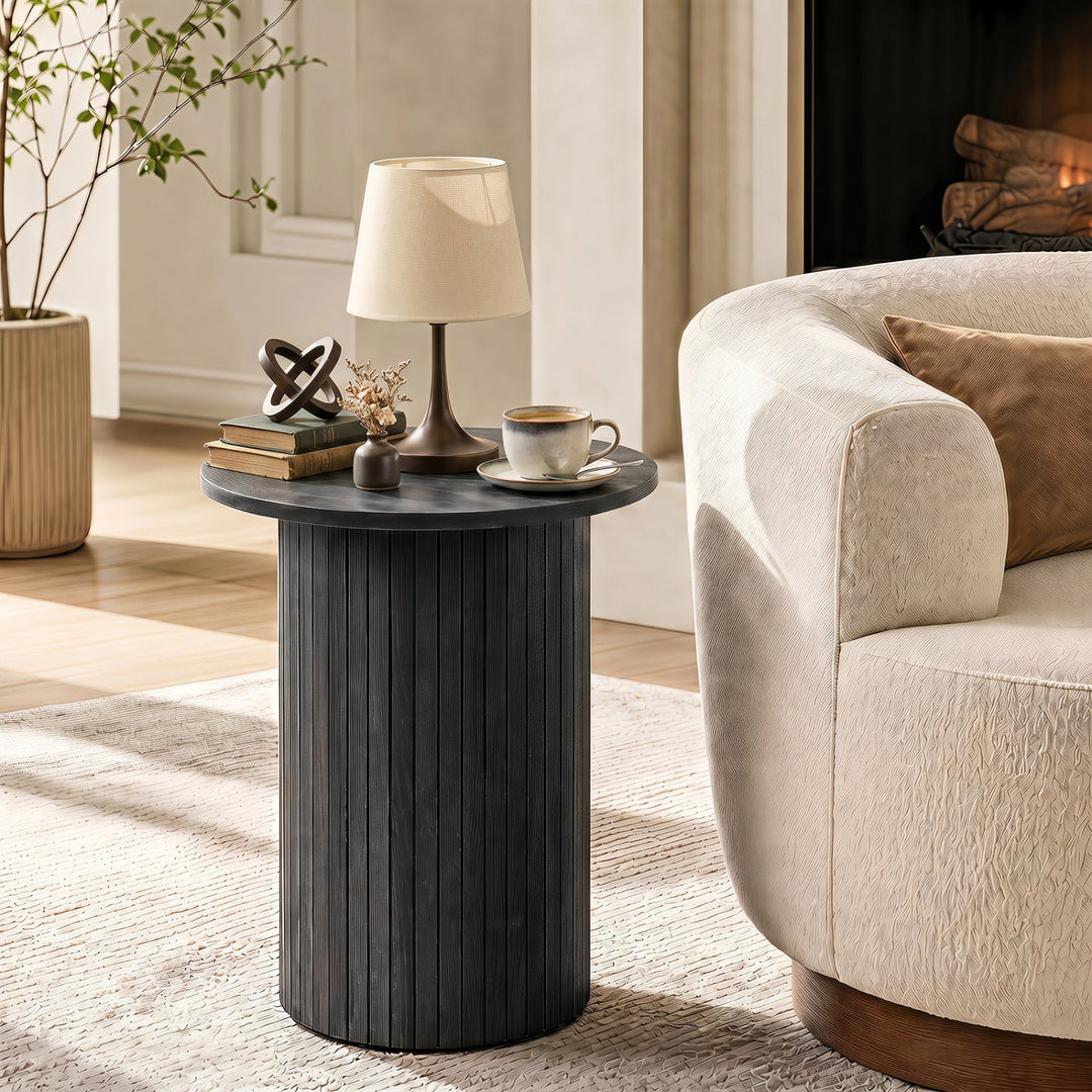 18" Round Fluted Side Table with Pedestal Drum Base