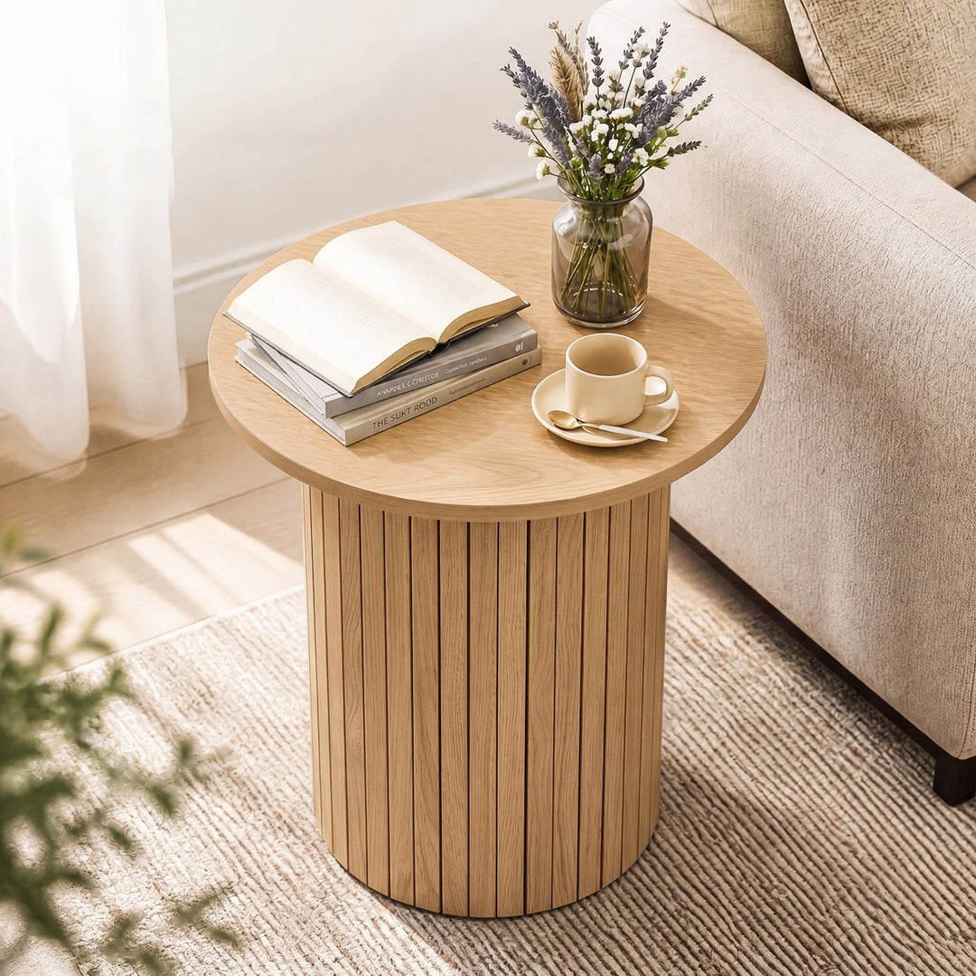 18" Round Fluted Side Table with Pedestal Drum Base