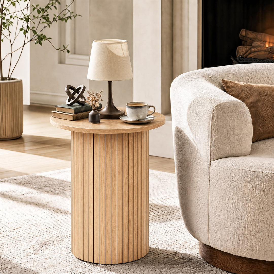 18" Round Fluted Side Table with Pedestal Drum Base