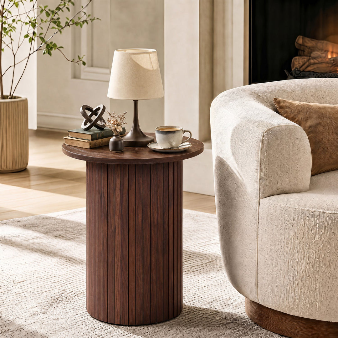 18" Round Fluted Side Table with Pedestal Drum Base