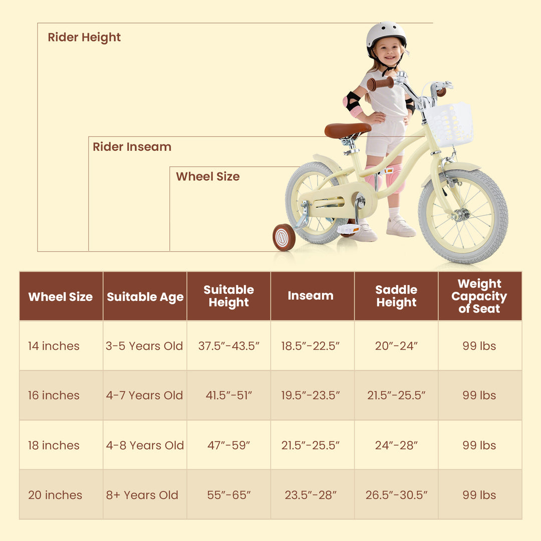 14/16/18 Inch Kids Bike Adjustable with Training Wheels Ages 3-8 Years Olds-18 inches