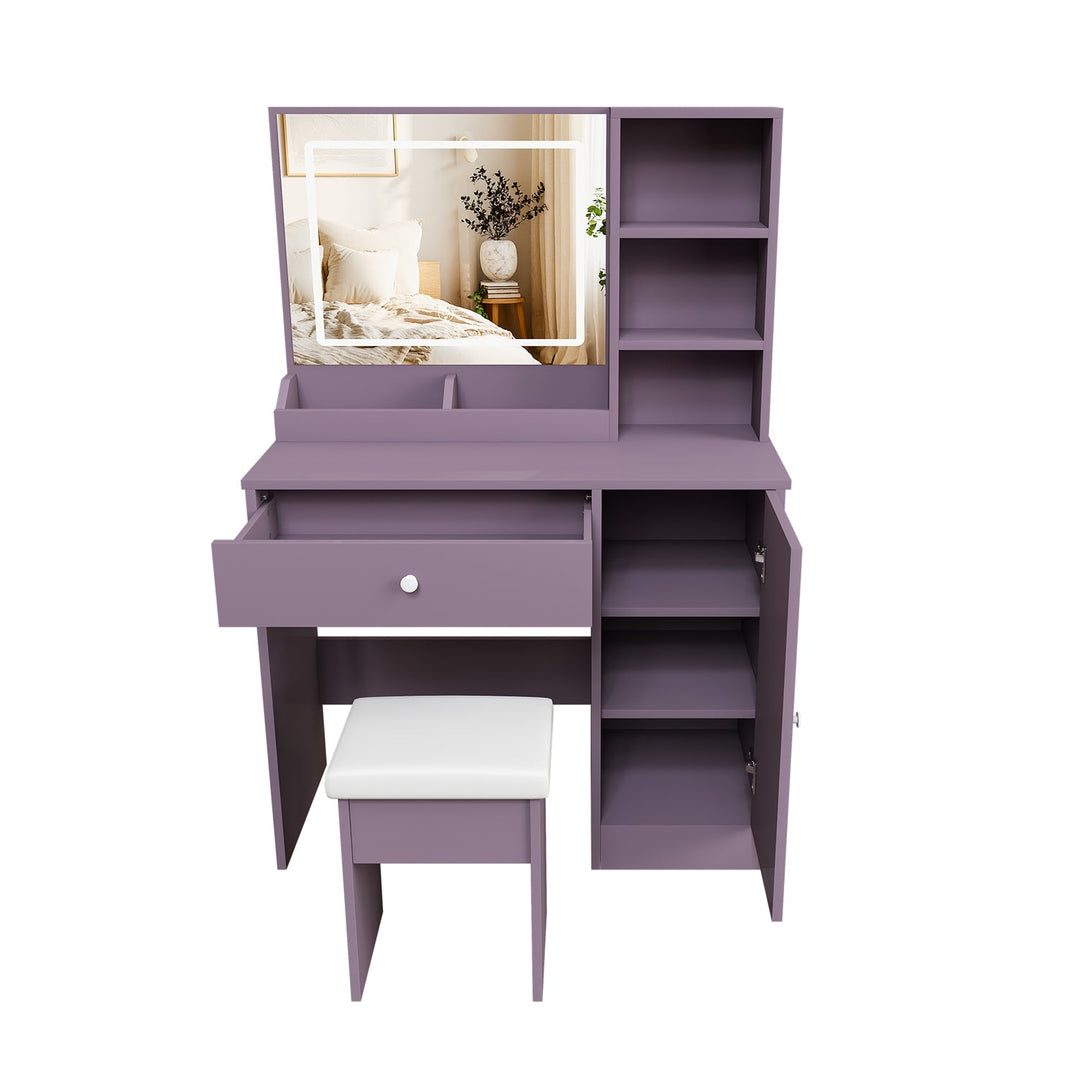 Purple Vanity Desk with Lighted Mirror & Padded Stool