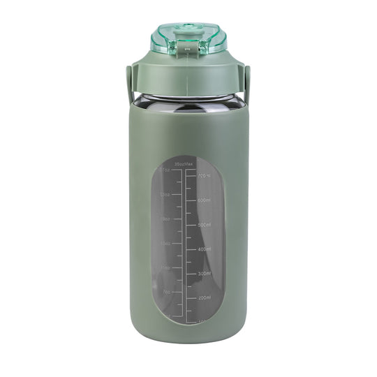 34Oz Glass Water Bottle Sports Water Bottle Motivational Water Bottle Water Intake Tracker Bottle with Straw Time Marker Silicone Sleeve Handle for Gy