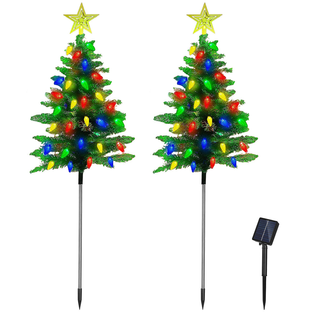 2Pack 37.4in Height Solar Christmas Tree With 100 Colorful LED Beads 8 Lighting Modes For Xmas Decoration IP44 Waterproof Outdoor Pathway Stake Light