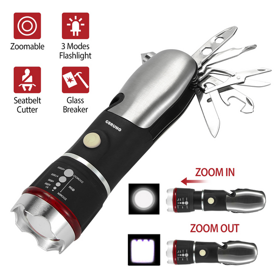 GBruno 8 In 1 Multi Tool Hammer Zoomable LED Flashlight