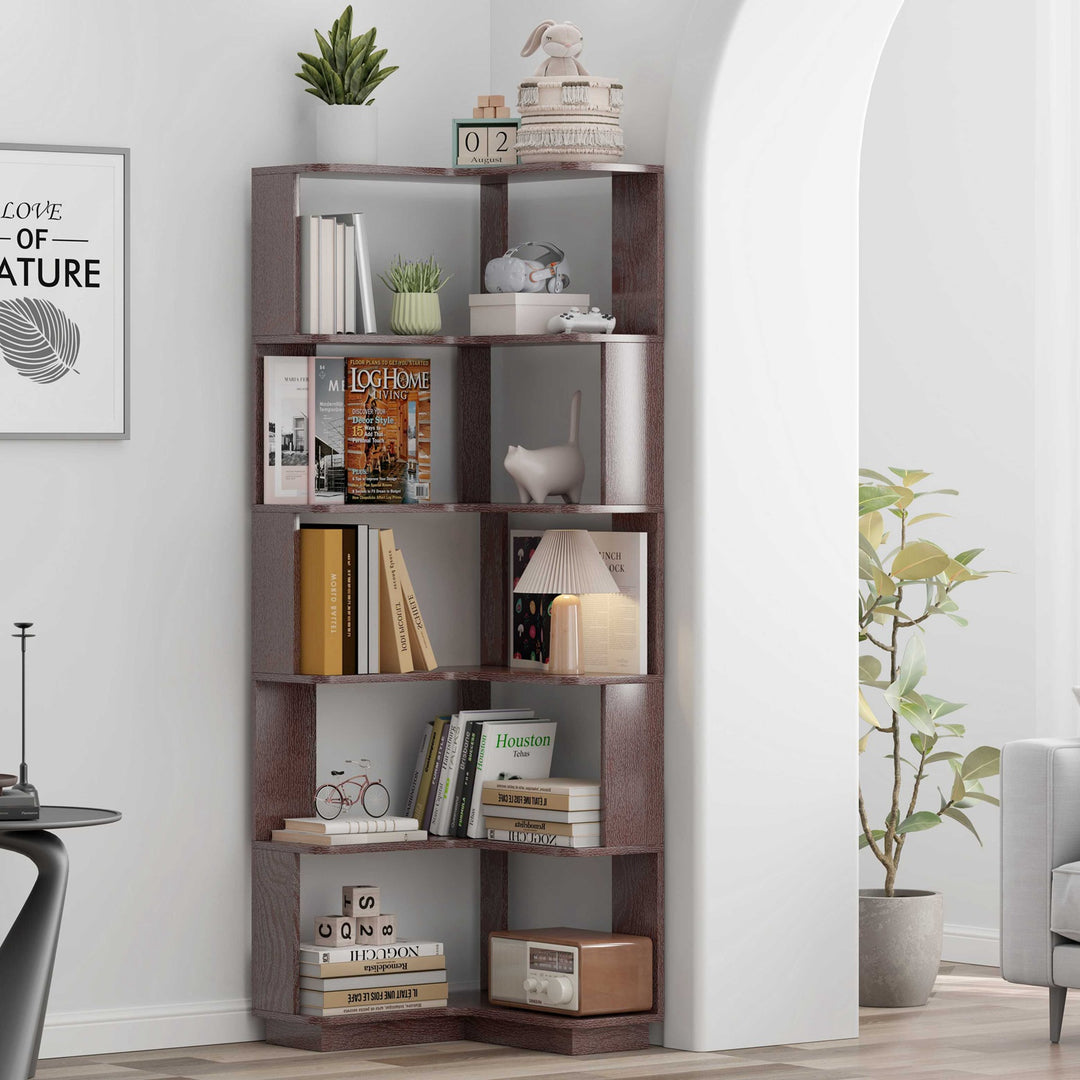 6 Tier Freestanding L-Shaped Corner Bookshelf For Living Room, Bedroom, Wooden Bookcase with anti-drop panle & anti tipp
