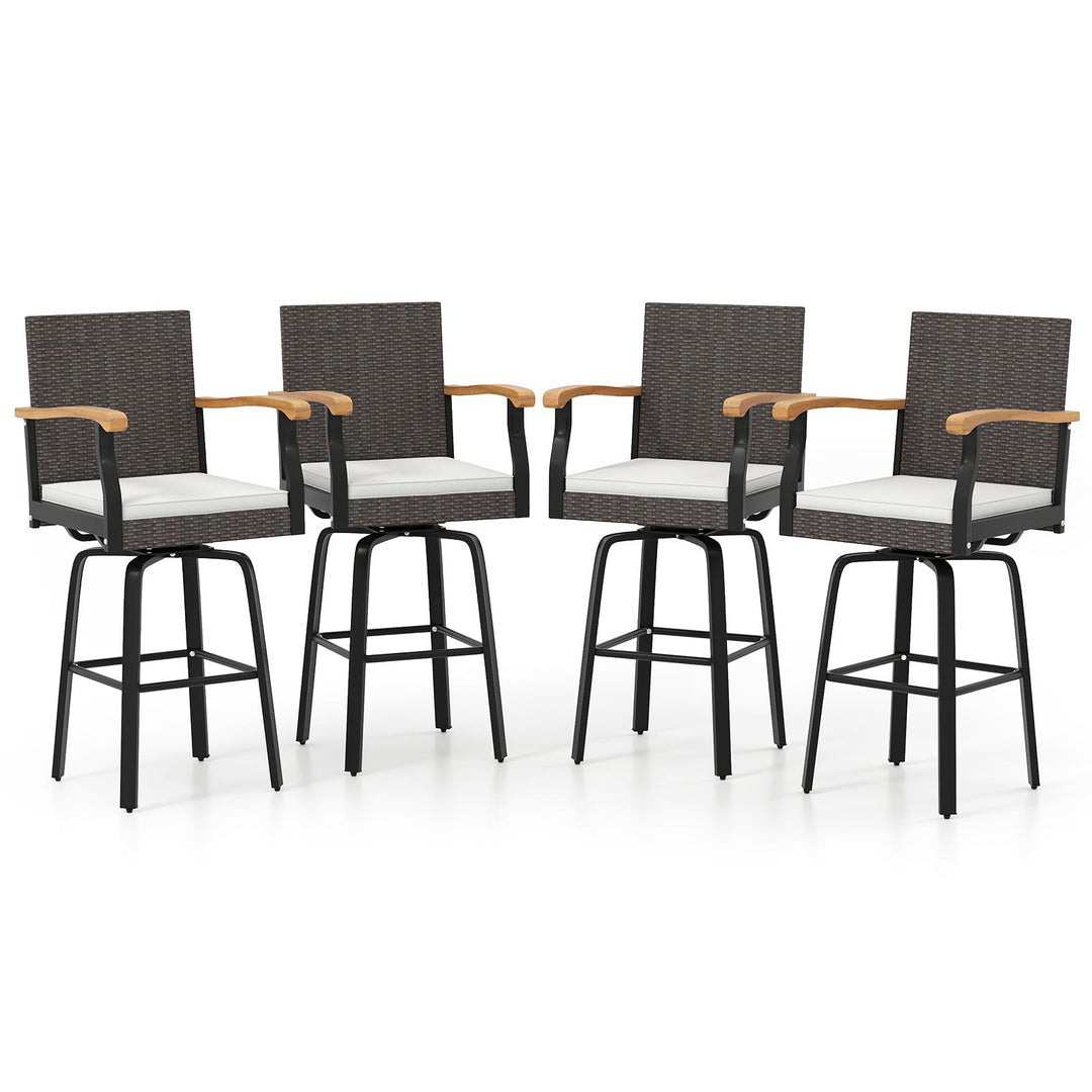Set of 2 Outdoor 360¬∞ Swivel Bar Stool with Cushion and Acacia Wood Armrests