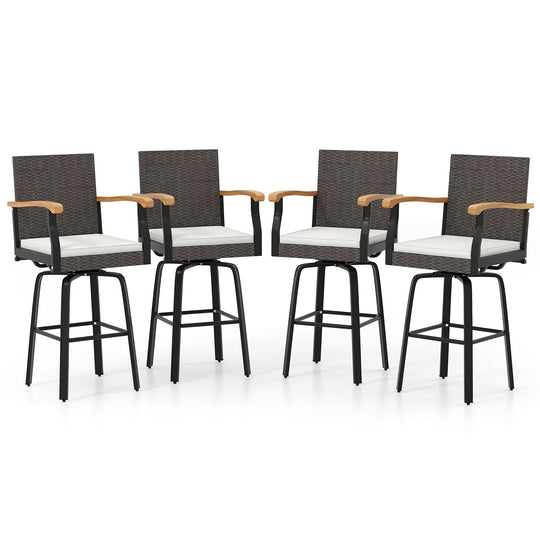 Set of 2 Outdoor 360¬∞ Swivel Bar Stool with Cushion and Acacia Wood Armrests