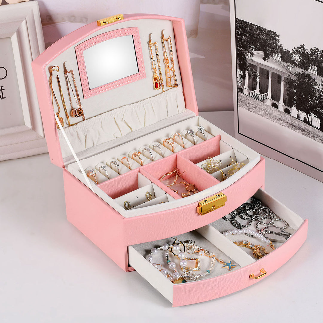 2-Layer Lockable Jewelry Box with Travel Handle