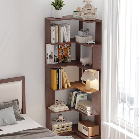 6 Tier Freestanding L-Shaped Corner Bookshelf For Living Room, Bedroom, Wooden Bookcase with anti-drop panle & anti tipp