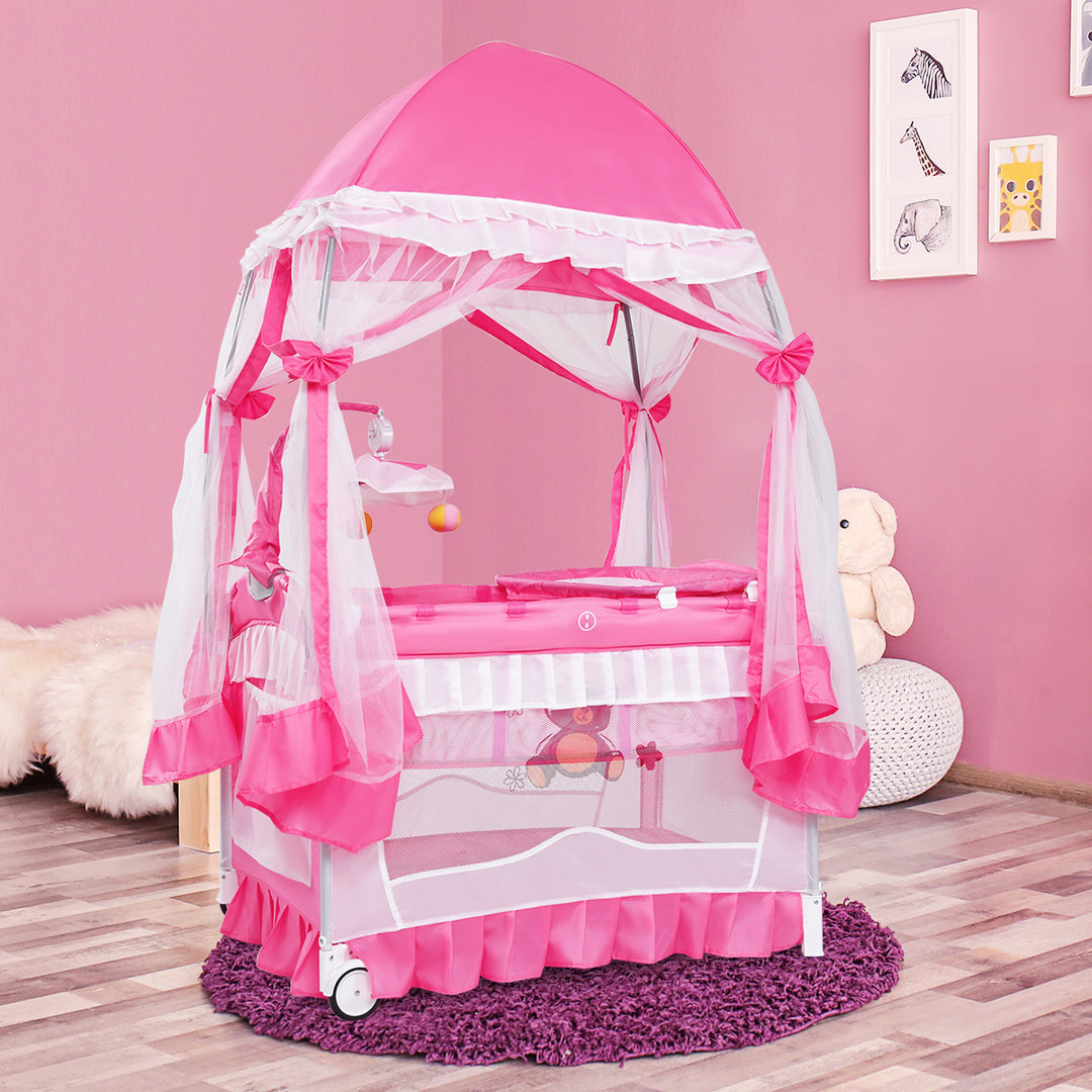 Portable Baby Playpen Crib Cradle with Carring Bag-Pink
