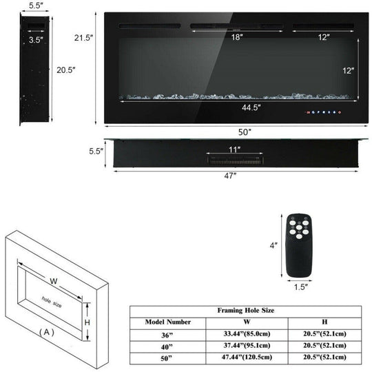 50" Electric Fireplace – Wall Mounted