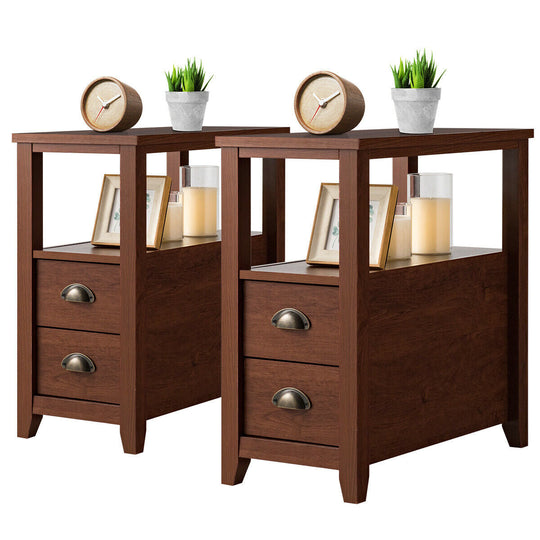 Set of 2 End Table Wooden with 2 Drawer & Shelf Bedside Table