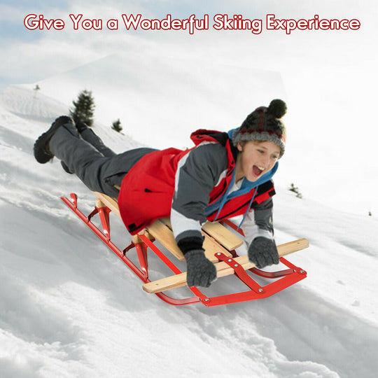 54 Inch Wood Snow Sled with Metal Runners and Steering Bar
